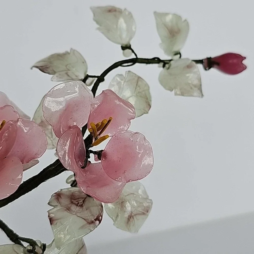 Vintage‎ Chinese Glass Bonsai Tree Pink Cherry Blossom Celadon Pot Chinoiserie